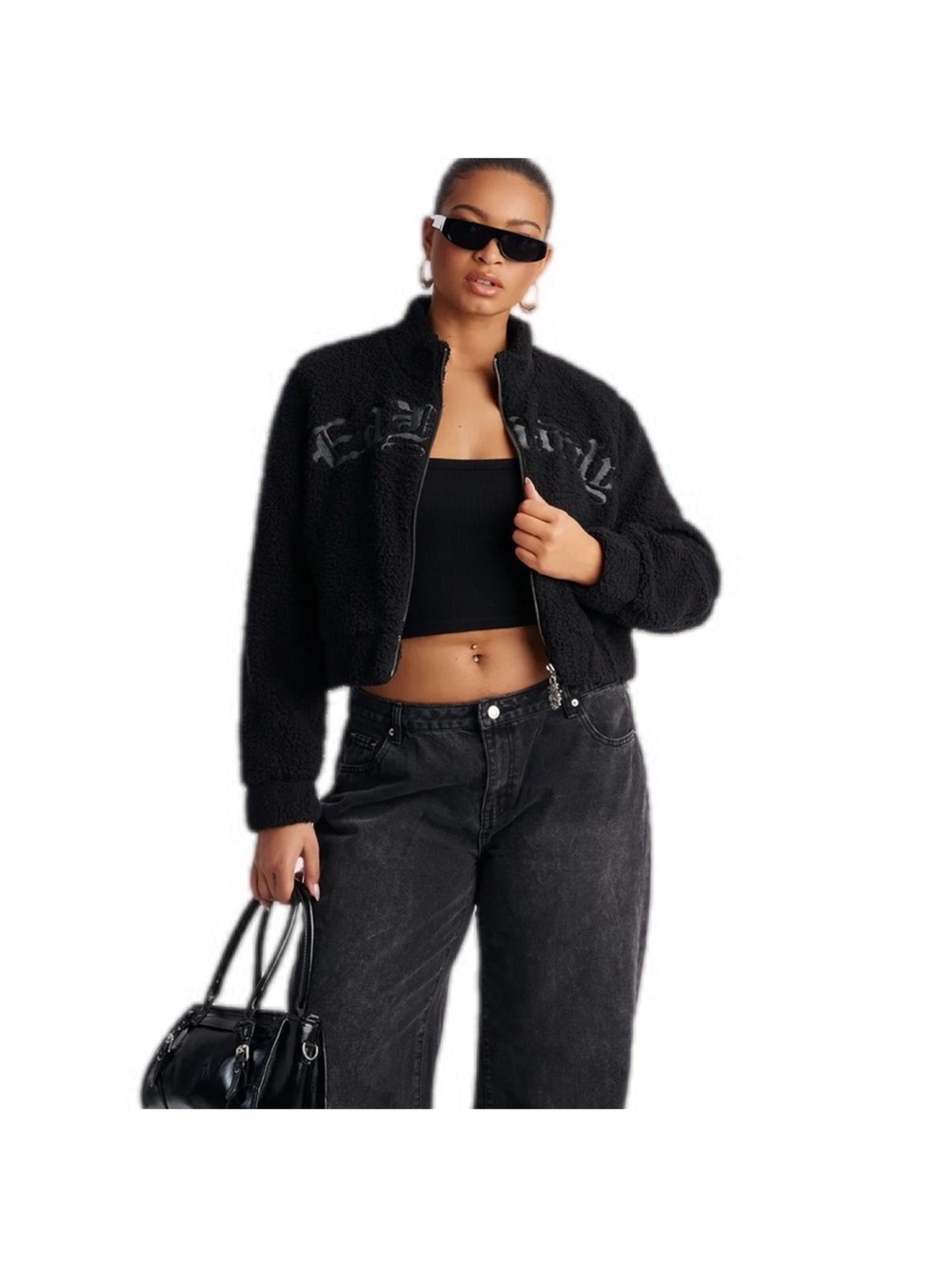 Ed Hardy Black Cropped Teddy Jacket with Logo